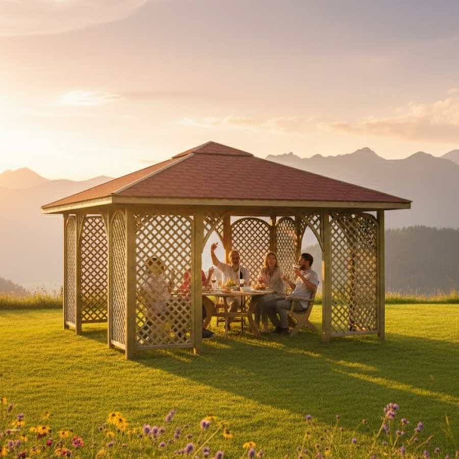 Pavillon Romantica 445x455cm Bausatz Fichte kdi grün mit Holzdach