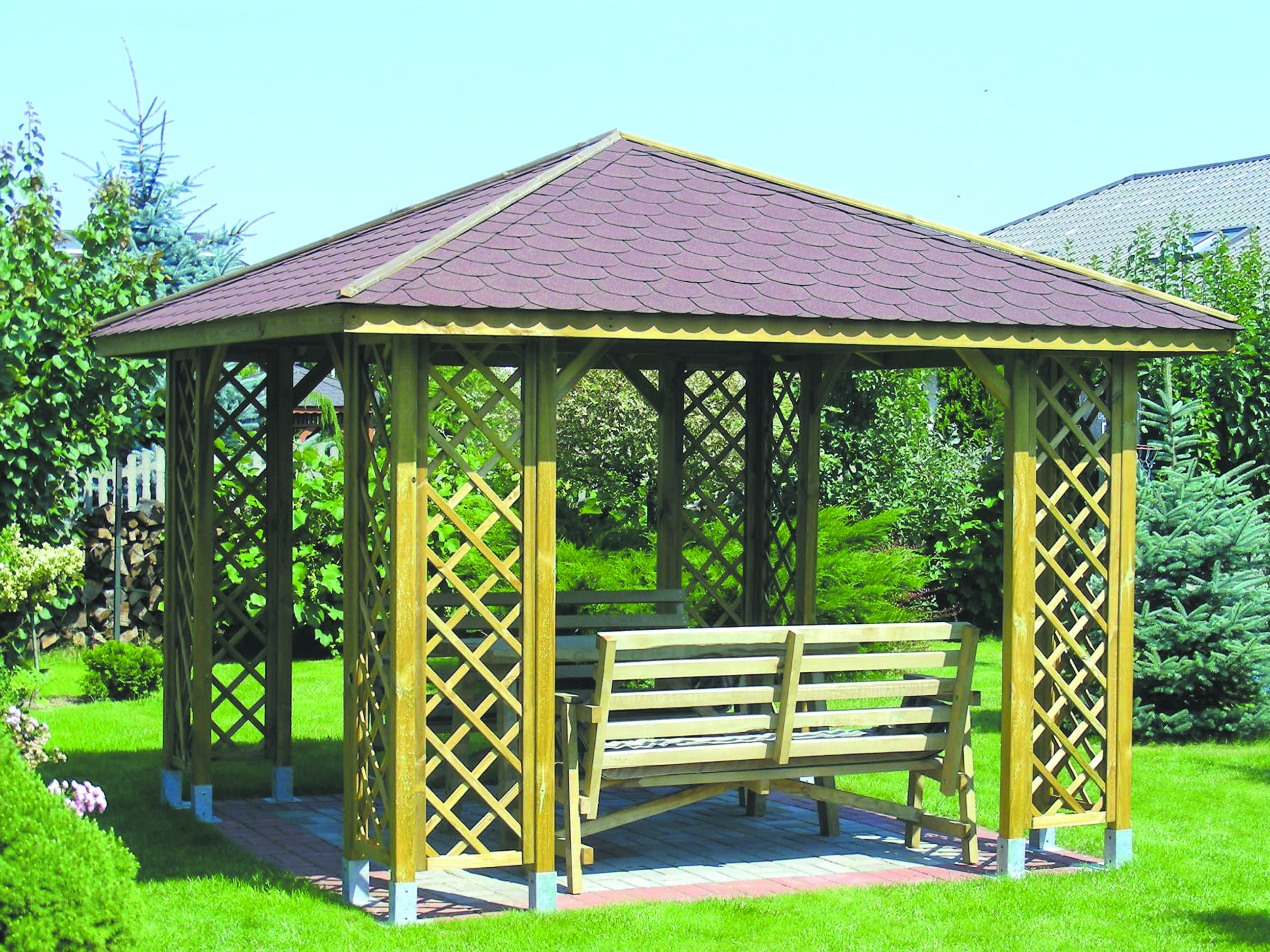 Pavillon Ania 349x349cm Bausatz Fichte kdi grün mit Holzdach